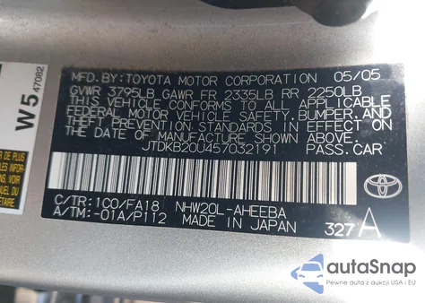 2005 Toyota Prius из США, поврежденный, VIN JTDKB20U457032191